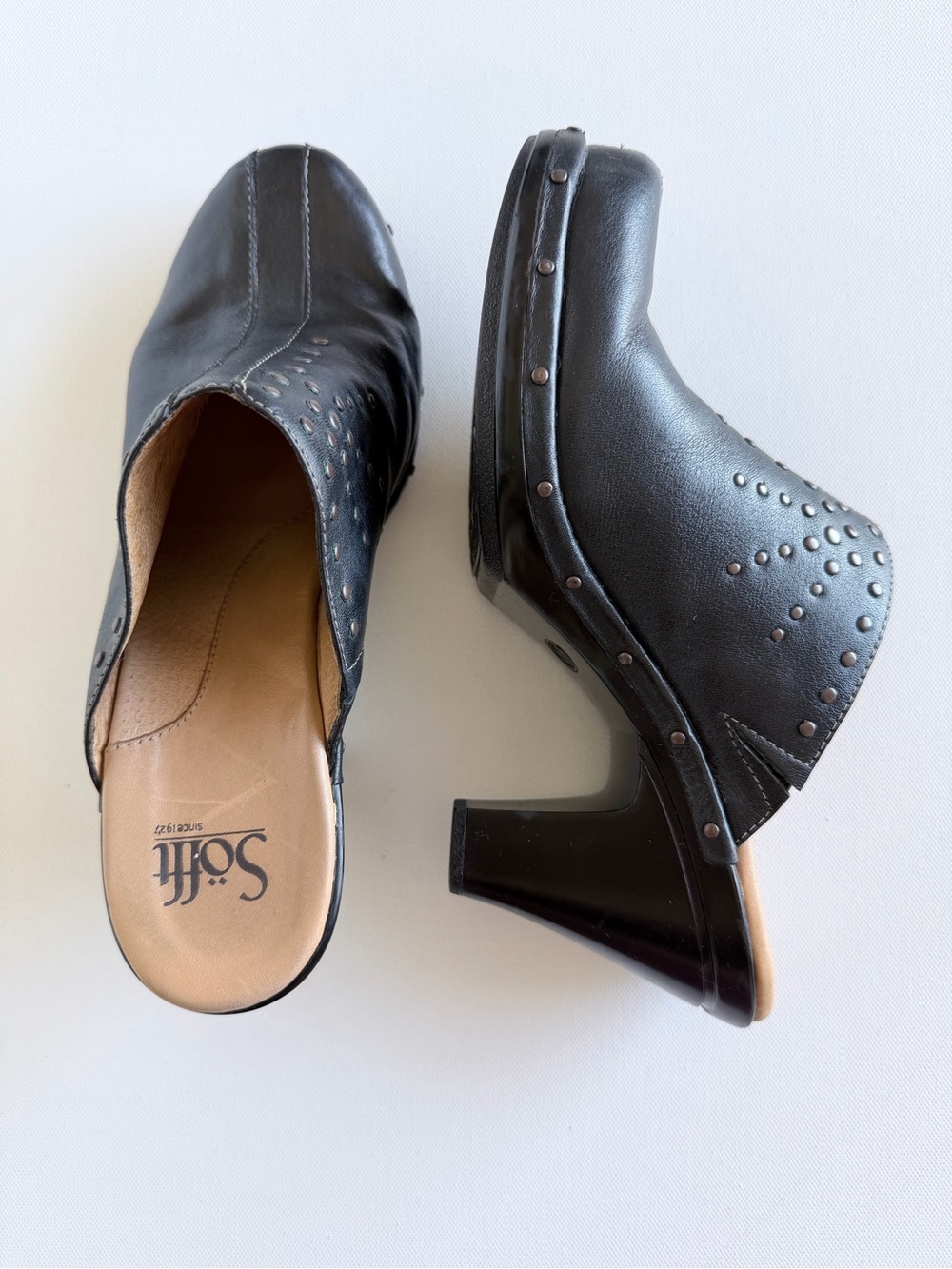 Söfft Black Leather Studded Clog Mules Block Heel Slip On Shoes 8.5 Fits 9